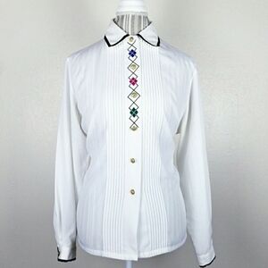 80s Vintage Koret White Diamond Art Deco Pintucked Blouse